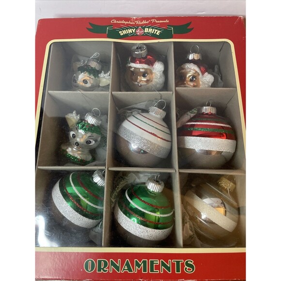 Radko Shiny Brite Christmas Ornaments set of 9 Santa Reindeer balls In Box - Picture 2 of 11